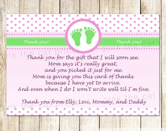 Pink Green Baby Shower Thank You Note - Polka Dots Baby Feet Greeting Card Baby Girl Shower Printable Editable File INSTANT DOWNLOAD