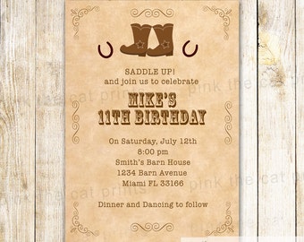 Cowboy Birthday Invitation - Kids Adult Birthday Invite Boots Rodeo Horseshoes Printable File Personalized Brown Red Gingham Cowgirl Party