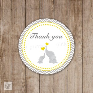 Elephant Thank You Label - Baby Boy Shower Gift Favor Tag Yellow Grey Chevron INSTANT DOWNLOAD