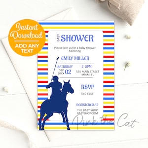 Polo Einladung für Polo Baby Shower Einladung Blau Gelb Rot Polo Baby Shower Druckbare Einladung Editierbar Instant Download