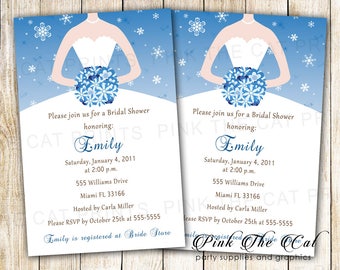 May include: Blue and white bridal shower invitation with a snowflake design. The invitation says "Please join us for a Bridal Shower honoring: Emily" and includes the date, time, location, and RSVP information.