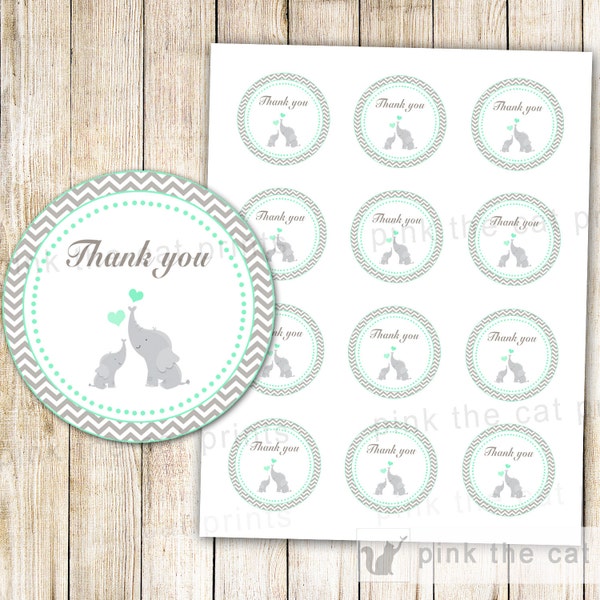 Elephant Thank You Label - Baby Boy Shower Unisex Baby Sprinkle Little Peanut Gift Favor Tag Mint Green Grey Chevron INSTANT DOWNLOAD