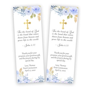 First Holy Communion Printable Bookmark Favors, Floral Blue and Gold ...