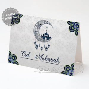 Eid Mubarak Grußkarte, ramadan Mubarak Karte, glücklich eid Karten, Geschenke für Familienfreunde, eid Mubarak Karte grün blau INSTANT DOWNLOAD