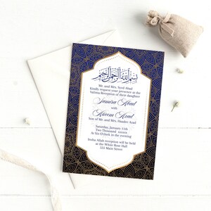 May include: A blue and gold wedding invitation with intricate patterns and Arabic calligraphy. The invitation announces the wedding of Samira Abad and Ancem Abad on Saturday, 11th January at 6:00 pm. The reception will be held at the White Rose Hall, 555 Main Street.