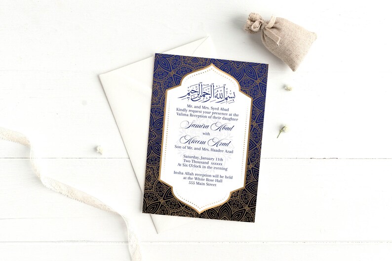 May include: A blue and gold wedding invitation with intricate patterns and Arabic calligraphy. The invitation announces the wedding of Samira Abad and Ancem Abad on Saturday, 11th January at 6:00 pm. The reception will be held at the White Rose Hall, 555 Main Street.