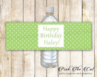 Green polka dot printable personalized water bottle labels, birthday water bottle labels green, green water bottle labels, green bottle wrap
