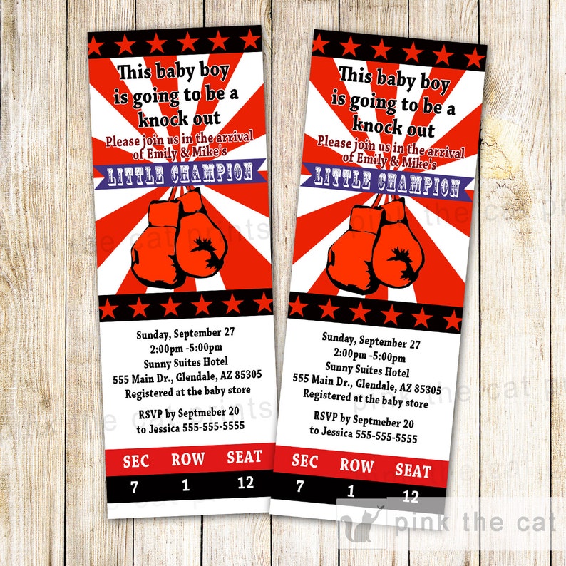 30 PRINTED TICKETS Baby Shower Boxing Invitation Ticket Personalized Boxing Baby Shower Invitation Red Black Boxing Theme Party Cards