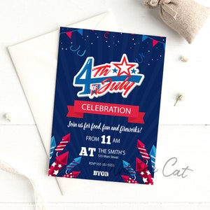 Feu d’artifice quatrième de juillet invitation, 4 juillet invitation célébration, 4 juillet invitation piscine partie, 4 juillet invitation bbq modèle imprimable