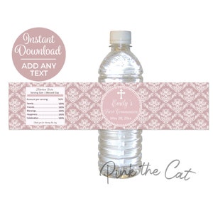 Rosegold Taufe oder Erstkommunion Wasserflaschenetiketten für Mädchen, Damast Blumenmuster, druckbare und bearbeitbare Sofortdownload