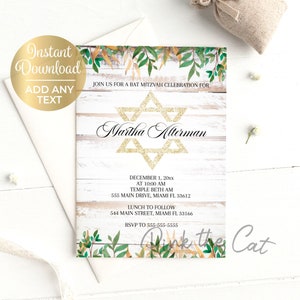 Inviti botanici bat mitzvah, inviti bar mitzvah, inviti bnai mitzvah, download istantaneo modello di invito rustico