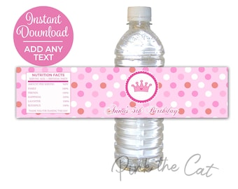 Princess Bottle Label For Any Age Birthday or Baby Shower, Princess Birthday Bottle Label, Editable Favors Template, INSTANT DOWNLOAD