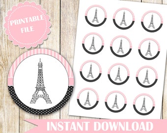 INSTANT DOWNLOAD Paris Labels Gift Favor Tags Baby Girl Shower Kids Birthday Eiffel Tower Pink Black Party Decoration Printable File