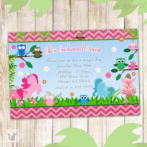 Enchanted Forest Birthday Invitation - Personalized Girl Party Invite Owl Pixie Fairy Unicorn Pink Printable