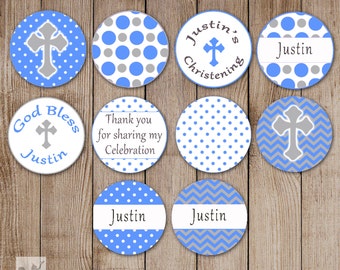 Printable Small Candy Labels 0.75 inch  - Candy Stickers Christening Personalized Baptism Party Favors Communion Religious Blue Silver Cross
