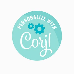 May include: A teal blue circle with the text "Personalize with Corjl" in white. Two teal blue gears are in the upper center of the circle.