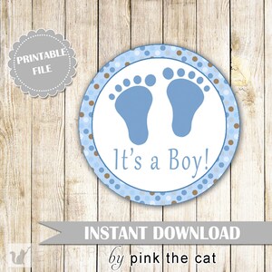 Baby Feet Its A Boy Labels or Tags Blue Brown Polka Dots Baby Boy Shower Printable INSTANT DOWNLOAD