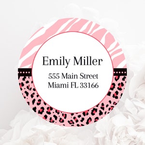 Pink and black address labels with zebra and cheetah animal print design, editable and instat download, add any text
