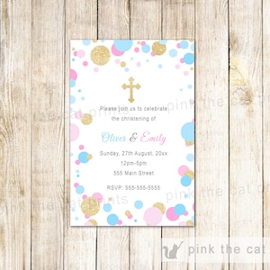 Twins Christening Invitation Confetti Invitation Girl Boy Baptism Invitation Pink Blue Gold Communion Invitation Unisex Baptism Invitation