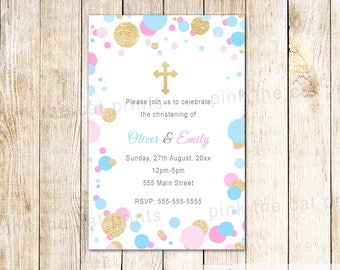 Twins Christening Invitation Confetti Invitation Girl Boy Baptism Invitation Pink Blue Gold Communion Invitation Unisex Baptism Invitation