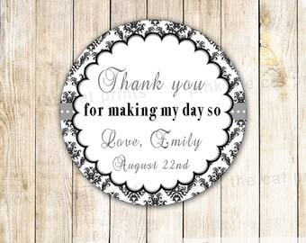 Black White Damask Favor Label Tag - Vintage Birthday Bridal Shower Printable