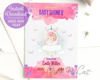 Unicorn invitation, baby unicorn baby shower invitation pink and purple, baby shower invitation, editable invitation instant download