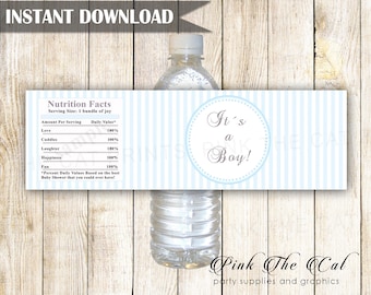 Etichette per bottiglie d&#39;acqua per baby shower, etichette per bottiglie d&#39;acqua per ragazzi strisce blu, decorazioni per baby shower bomboniere per baby shower DOWNLOAD IMMEDIATO
