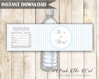 Baby shower water bottle labels, its a boy water bottle labels blue stripes, baby shower decorations boy baby shower favors INSTANT DOWNLOAD