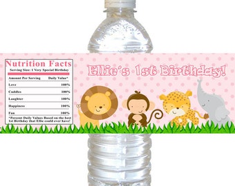 Printable Personalized Jungle Pink Water Bottle Labels Wrappers - Birthday Party Baby Shower Girl Custom Wraps Monkey Giraffe Lion