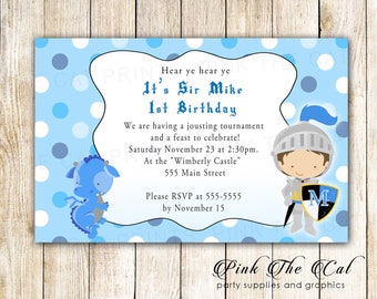 Knight Dragon Invitation, Printable Prince Knight Dragon Birthday Party Invitation For Boys, Personalized Boy Birthday Invitations Blue