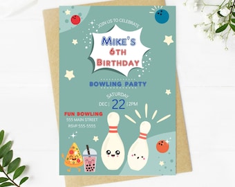 Bowling invitation for kids birthday party, pizza and bowling birthday invitation editable, digital instant download
