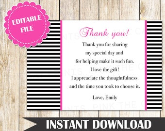 Black White Stripes Thank You Card Black White Thank You Note Bridal Shower Thank You Card Birthday Party Thank You Note INSTANT DOWNLOAD