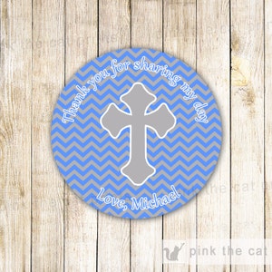 Boy Christening Labels - Boy Communion Tags -  Boy Baptism Favor Stickers - Personalized Labels Blue Silver Baptism Labels - Printable Label