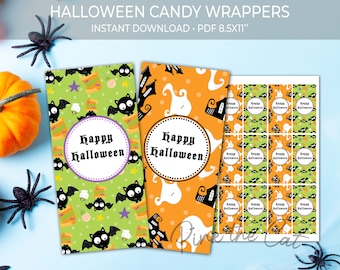 Halloween candy wrapper template, printable halloween favor labels, ghosts and bats kids hallowen favor ideas instant download