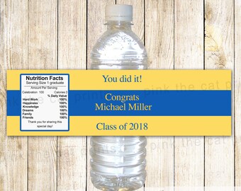 Graduation Party Water Bottle Label Wrappers - Boy Blue Gold Yellow Label Printable Personalized
