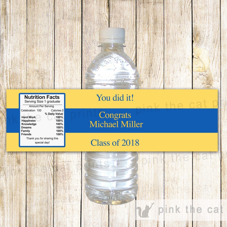 Graduation Party Water Bottle Label Wrappers Boy Blue Gold Yellow Label Printable Personalized