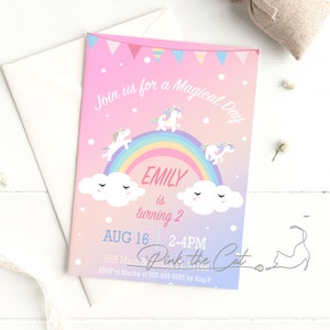 Unicorn invitations for birthday or baby shower with rainbow and coulds, unicorn birthday invitation, unicorn baby shower invitation