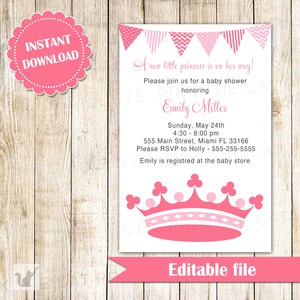 Princess Invitation - Baby Girl Shower Pink Crown Party Invites Editable File INSTANT DOWNLOAD