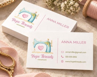 Sewing business card, sewing machine & button card, watercolor card, sewing store business card, handmade shop card boutique premade card