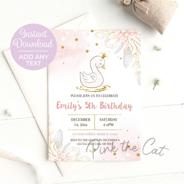 ON SALE Printable Swan Invitation,  Princess Swan Invitation, Swan Birthday Invitation, Girl Birthday Party Invites - Instant Download