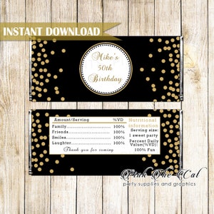 Adult Birthday Candy Bar Wrapper, Gold Confetti Birthday Candy Label Template Editable, Glitter Birthday Favor Label INSTANT DOWNLOAD
