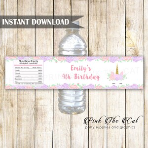 Unicorn bouteille étiquette fille bébé douche enfants anniversaire modèle imprimable, licorne baby shower favors, rose violet licorne INSTANT DOWNLOAD