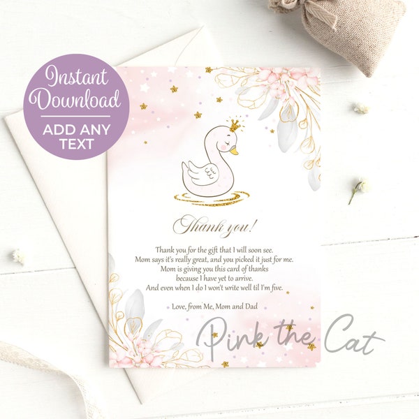 Printable Princess Swan Thank You Card For Girl Baby Shower Pink Gold,  Princess Swan Thank You Note, Swan Baby Shower - Instant Download