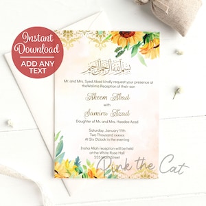 Sunflower Walima Invitation, Floral Valima Invitation, Sunflower Wedding Invitation, Editable File Instant Download image 1