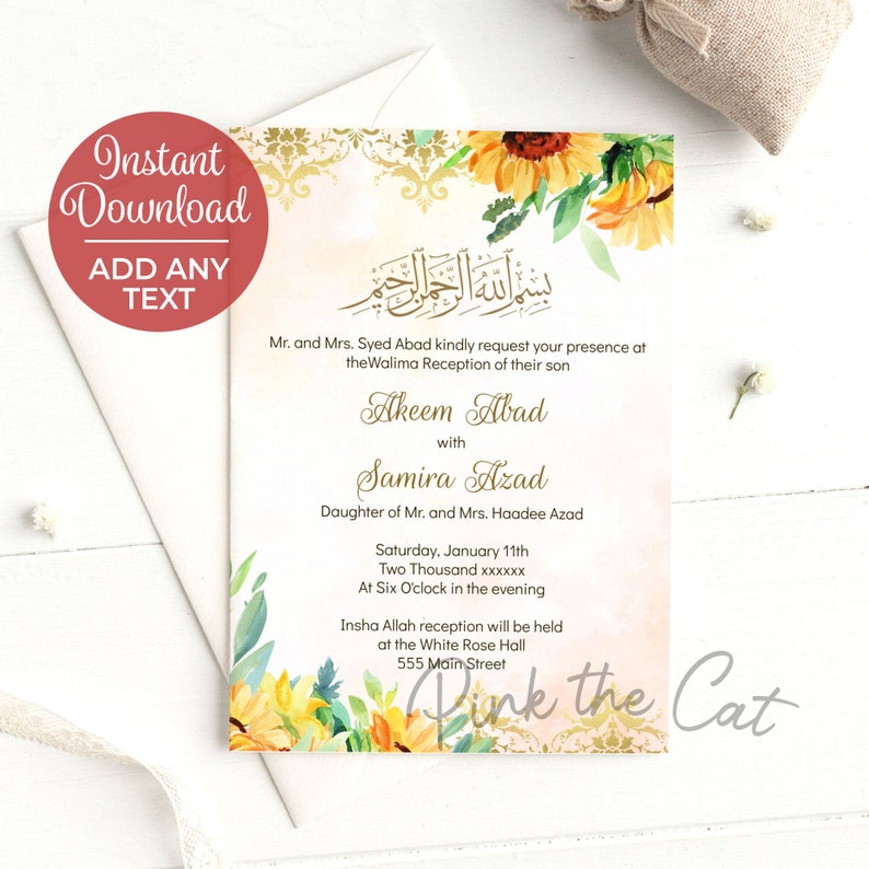 Sunflower Walima Invitation, Floral Valima Invitation, Sunflower Wedding Invitation, Editable File Instant Download image 1
