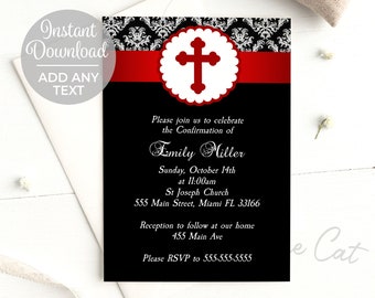 Red black floral with cross invitation suitable for confimation, installations, pastor retirement or any religious event, instant download