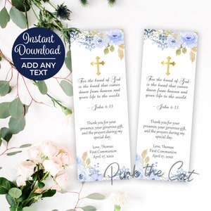 First Holy Communion printable bookmark favors, floral blue and gold, instant download