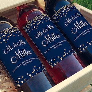 Etichette per bottiglie di vino, etichette per bottiglie di vino per matrimoni, bomboniere, etichette per bottiglie di vino personalizzate per matrimonio oro blu, stampabili o stampate