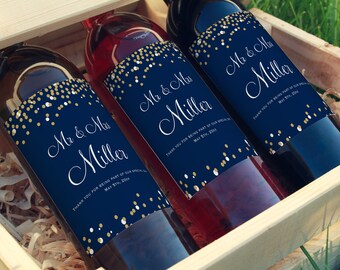 Wine Bottle Labels, Wedding Wine Bottle Labels, Wedding Favors, Personalized Wine Bottle Labels For Wedding Blue Gold, Printable or Printed