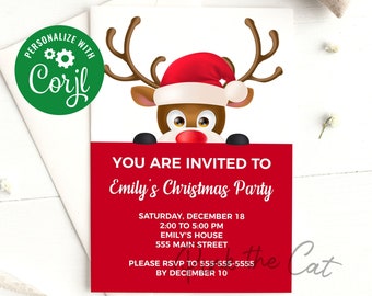 May include: A red and white Christmas party invitation with a cartoon reindeer wearing a Santa hat peeking over the top. The text reads "You are invited to Emily's Christmas Party" with the date, time, and location details.
